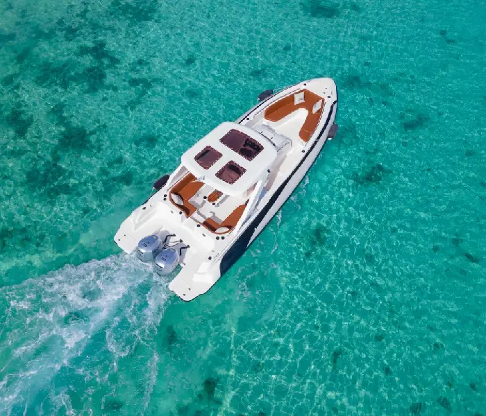 Aerial view of Thunder Speed 1 luxury speedboat interior and comfortable seating