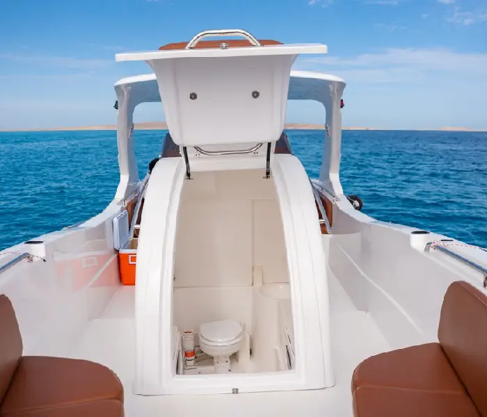 Clean onboard toilet cabin inside a luxury private speedboat in Hurghada, perfect for family sea trips.