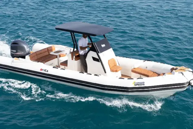 Private speedboat with a powerful Yamaha engine in the turquoise waters of the Red Sea, Hurghada.