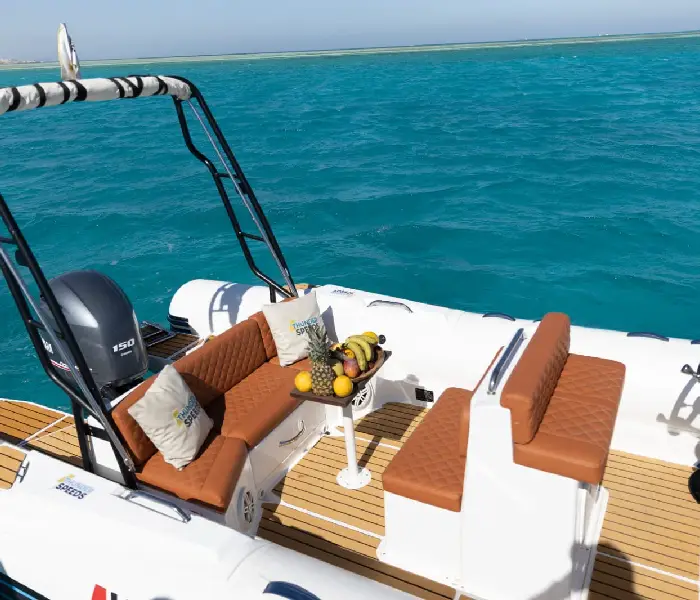 The speedboat's saloon is designed to the highest standards of luxury and security.