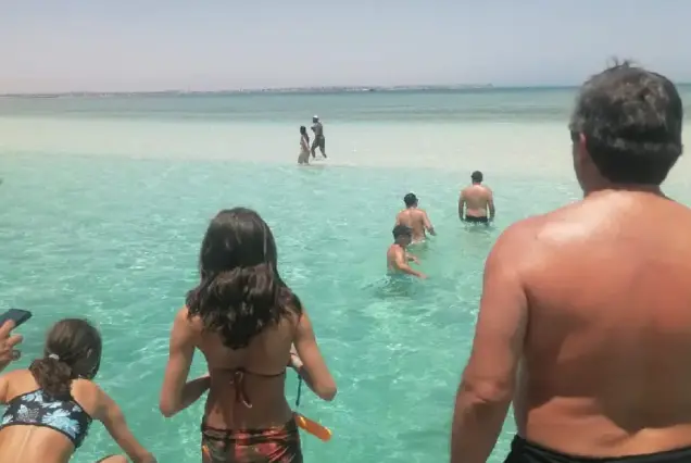 Tourists stepping into clear shallow sea waters at Abu Minqar Sandbar Hurghada.